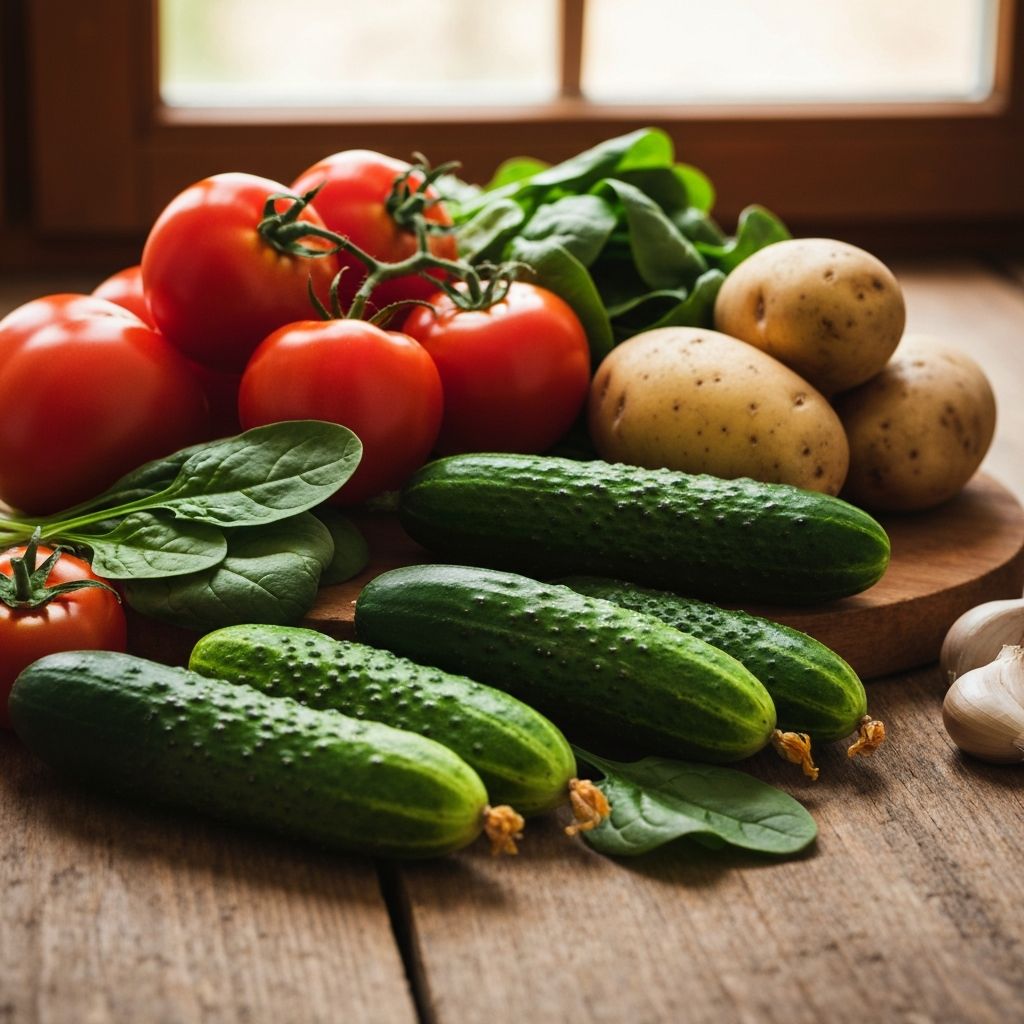 Fresh, colorful vegetables and natural food ingredients arranged on wooden surface, representing balanced nutrition