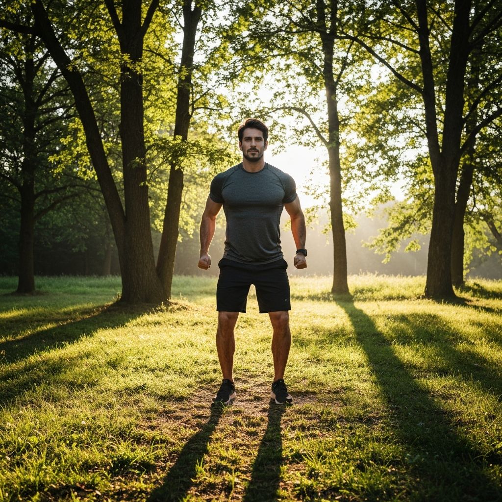 Man performing strength training exercise in natural outdoor setting, demonstrating physical vitality
