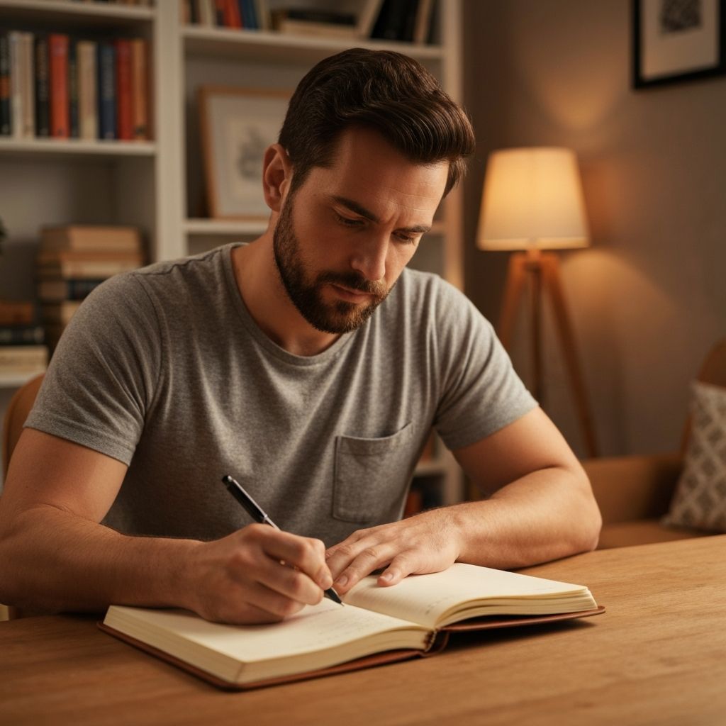 Man journaling or writing, capturing thoughts and establishing daily habits for personal growth