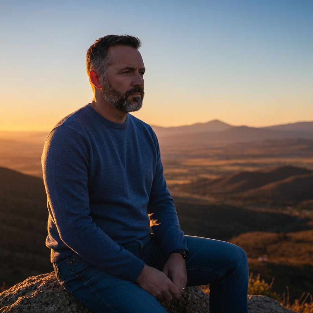 Man in thoughtful pose overlooking landscape, representing contemplation and personal discovery