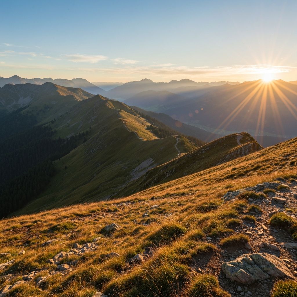 Scenic mountain landscape during sunrise, symbolizing new perspectives and fresh understanding in wellness journey